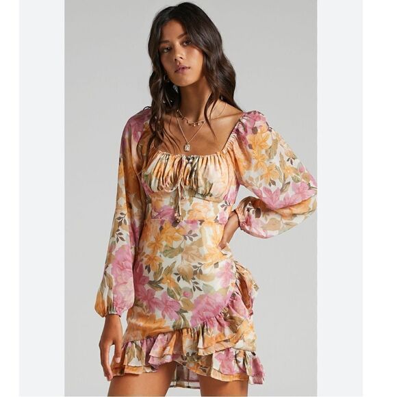 Showpo Floral Grizela Mini Dress NEW Size 12 Pink Long Sleeves - Picture 2 of 11